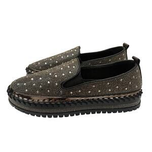 NEW Azalea Wang Brittany Rhinestone Bling Loafers Slip Ons Black Platform Flat